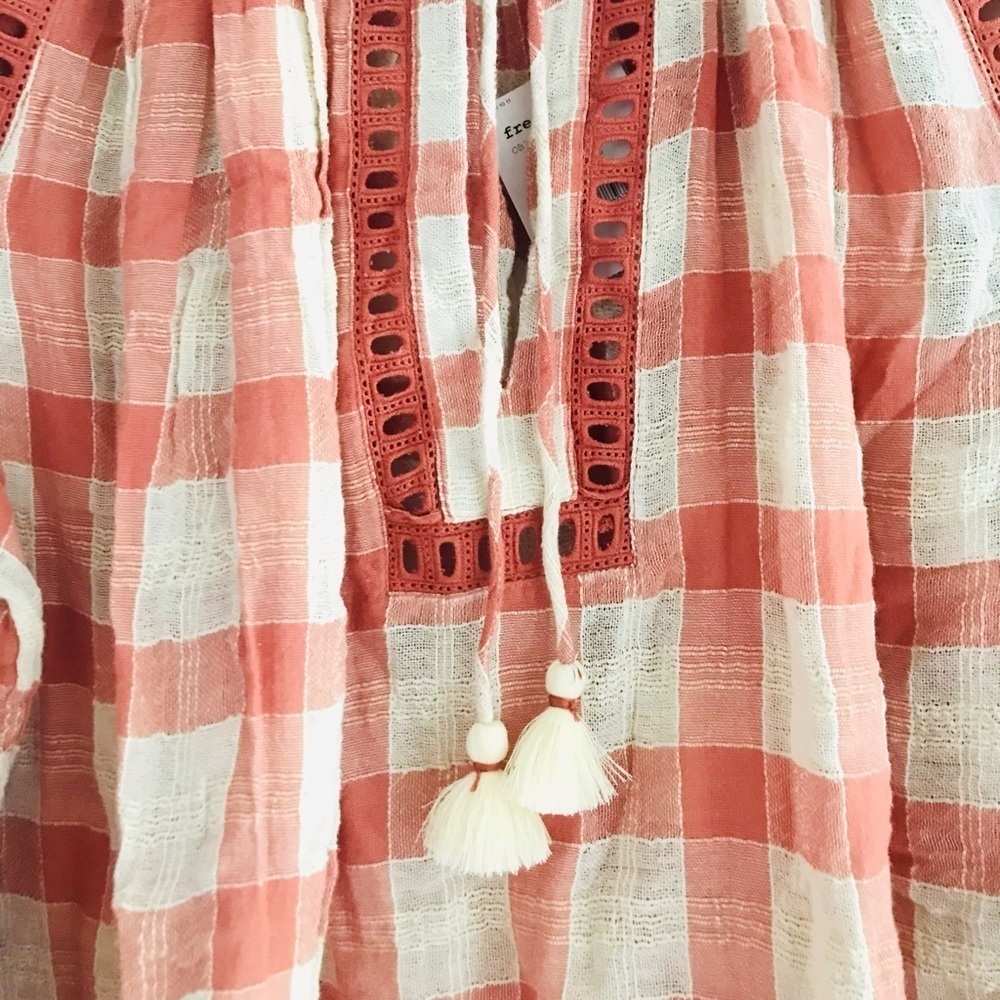 Free People | Honey Groove Plaid Top Womens L Beige Long Sleeve Knit Blouse - Picture 8 of 13